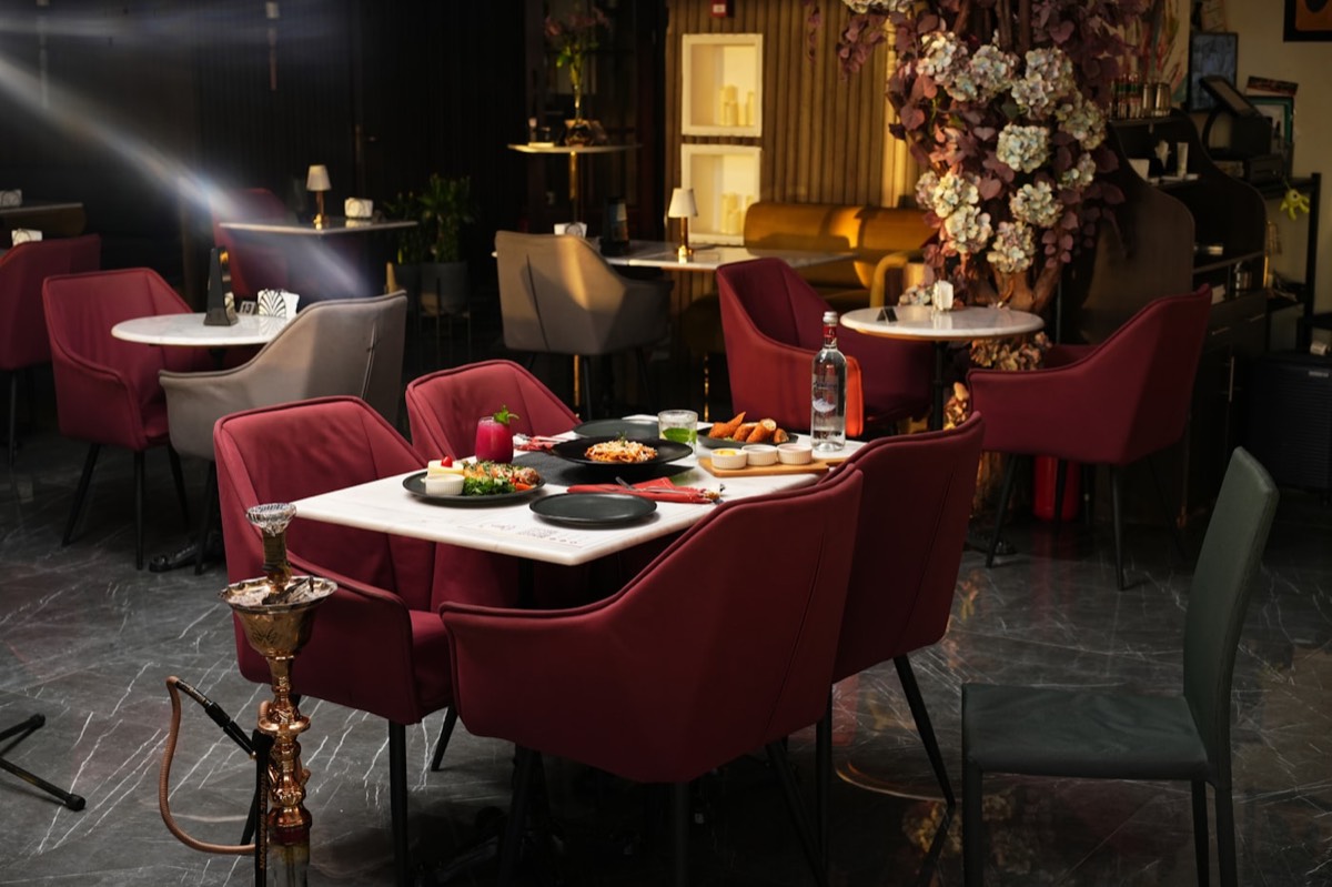 Upscale restaurant interior with dining tables